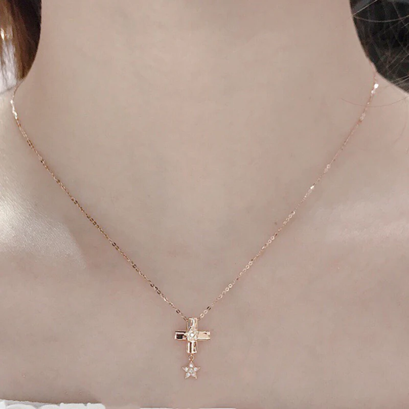 

AINUOSHI Handmade 18K Gold 0.055ct Real Diamond Mini Cross Stars Personalized Pendant Necklace for Women Girlfriend 18''