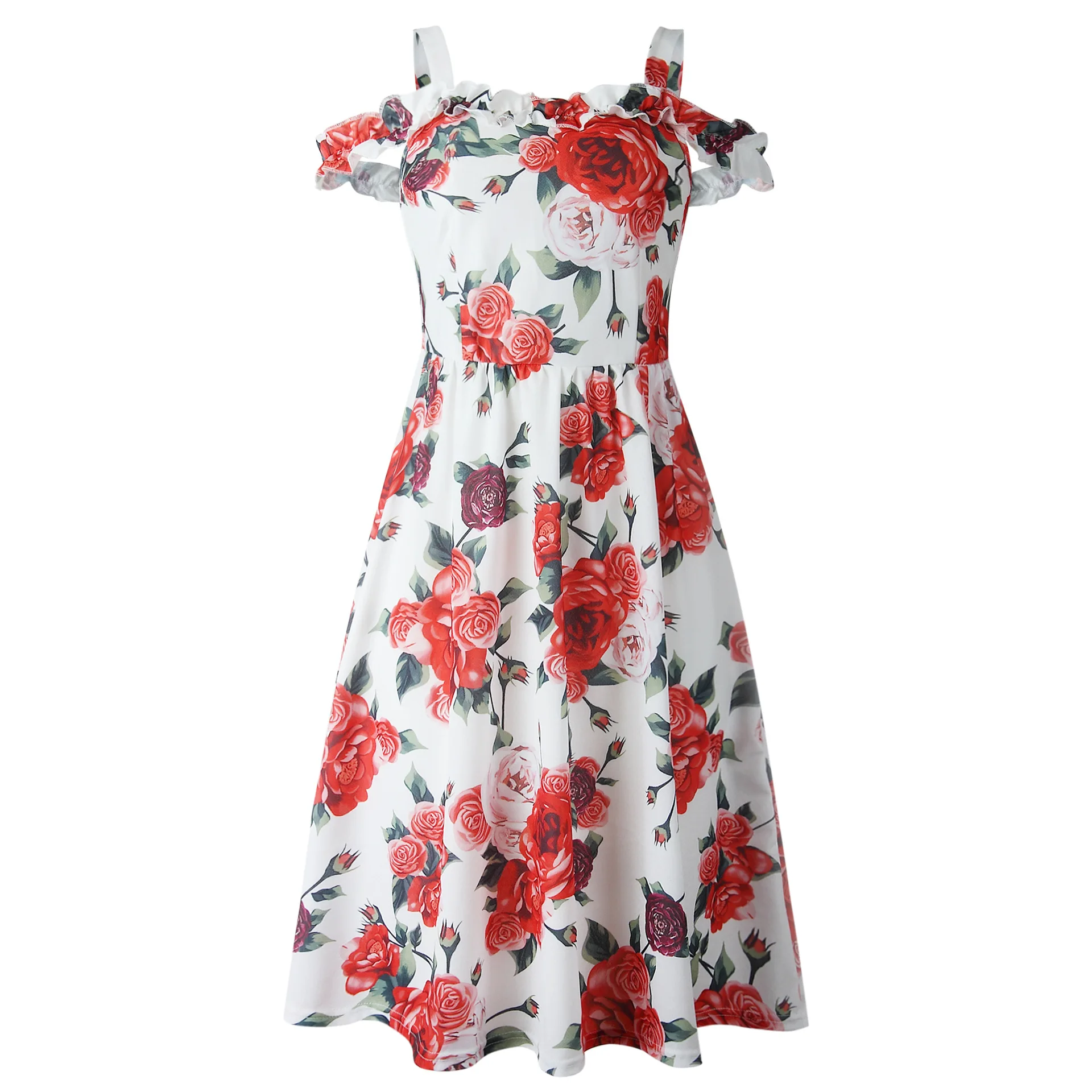 

Women Holiday Summer Dress Floral Print Off Shoulder Spaghetti Strap Ruffles A-line Dress