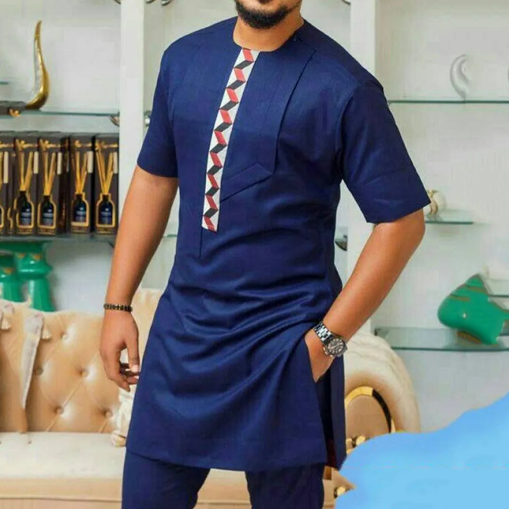 

Loose Short Sleeve Color Block Dashiki Tee Rich Bazin African Men Clothing Long T-Shirt Man Tops Casual Tshirt Muslim Fashion