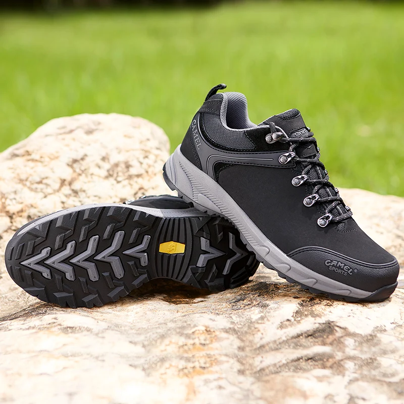 CAMEL Men Trekking Shoes Low Top Leather Hiking Shoes Male Durable Waterproof Anti-Slip Outdoor Mountain Climbing Walking Shoes
