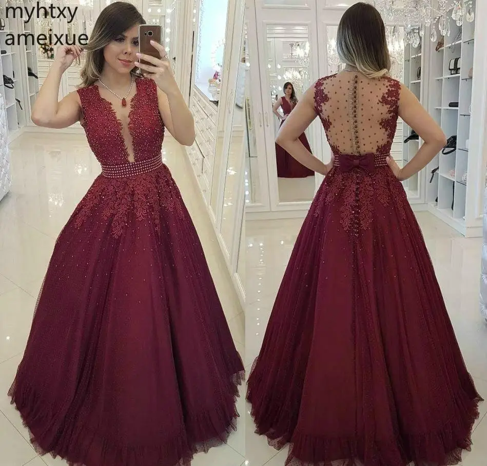 

2021 Sexy Long Red Prom Dress Burgundy Backless Sleeveless Evening Party Gown Custom Made Plus Size Prom Dress Elegant Ballgown