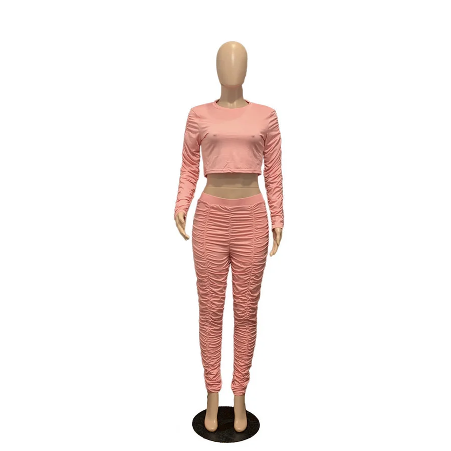 

Spring Autumn Sports Wear 2 Two Pieces Sets Women Long Sleeve Pink Solid Color Stretch Pants Suits Loose Fitness Outfit 2021
