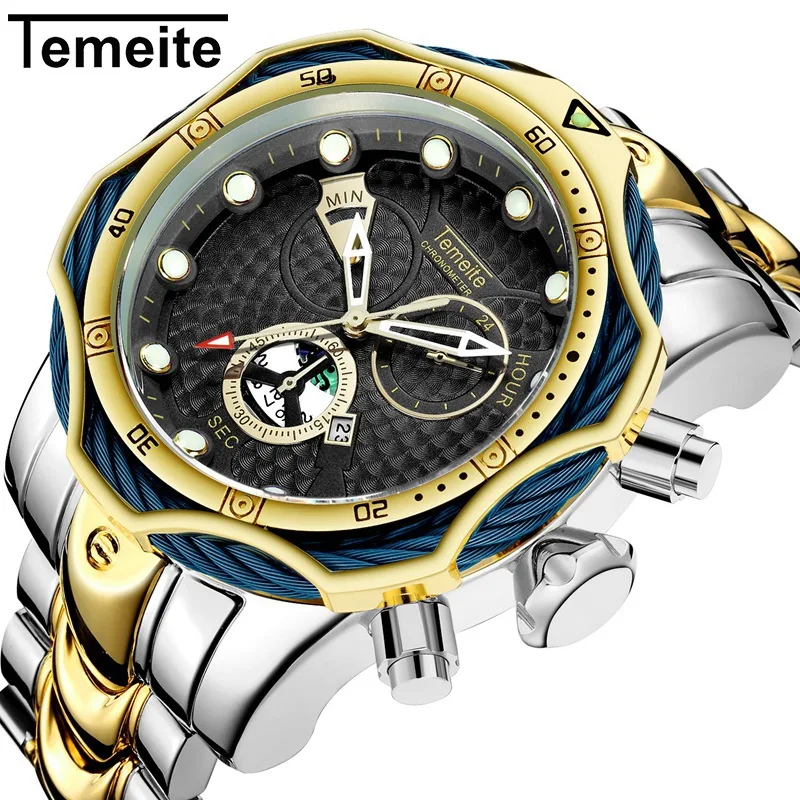 

TEMEITE Men Black Silver Quartz Watch Waterproof Stainless Steel Sports Wrist Watch Fashion Luminous Casual Business Date Clock