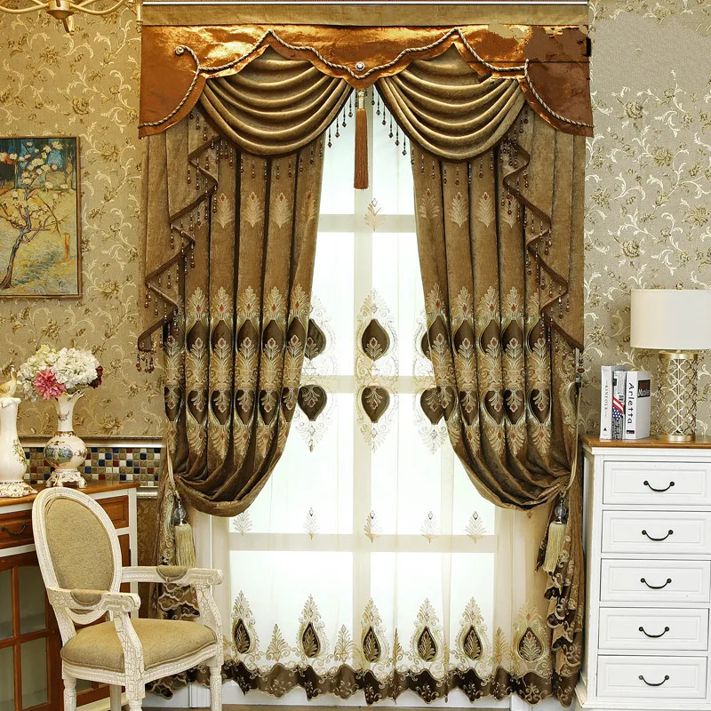 

European Style Curtain for Living Room Luxurious Curtains for Bedroom Atmosphere New Embroidery Chenille Valance Curtain Blue