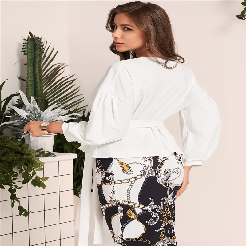 

Women Autumn Blouse Solid Color V-Neck Long Lantern Sleeves Shirt with Bowknot Waist for Ladies White Off Shoulder Top Blusa