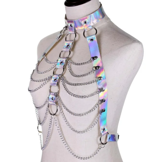Holographic Body Chain Harness Top Punk Women Holo Rainbow Waist Jewelry Festival Rave Outfit Designer Belt Women 3