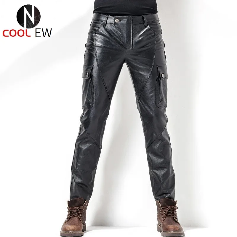 

Euro Brand New Motorcycle Mens Cowhide Full Length Trousers Slim Pockets Genuine Leather Windproof Fashion Male Pencil Pants