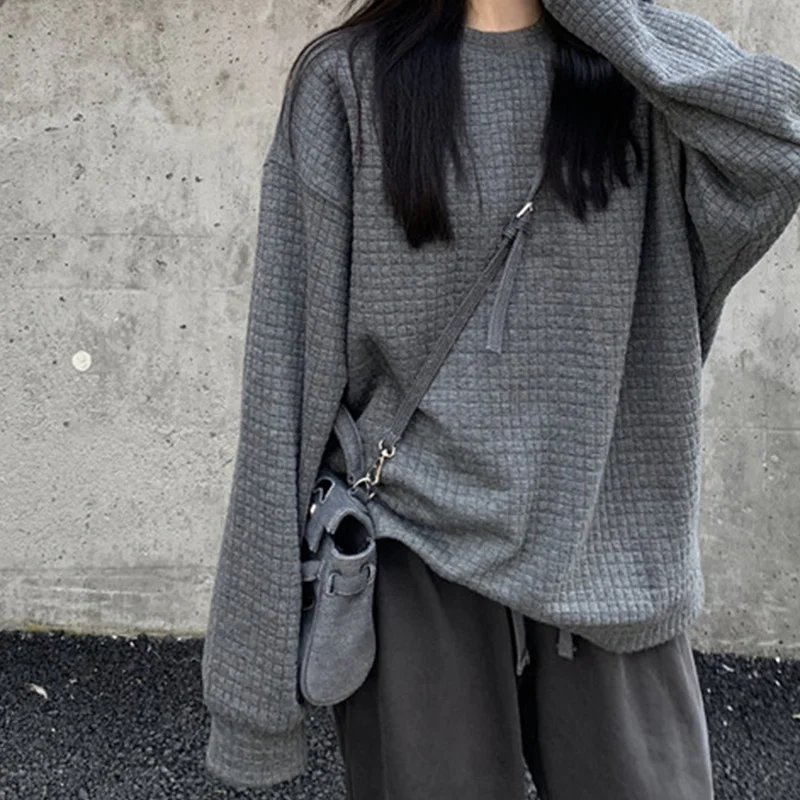 

Waffle Super Popular Retro Style Chic Sweater Women's Spring Autumn Thin Loose Fashion Early Autumn Top Rac
