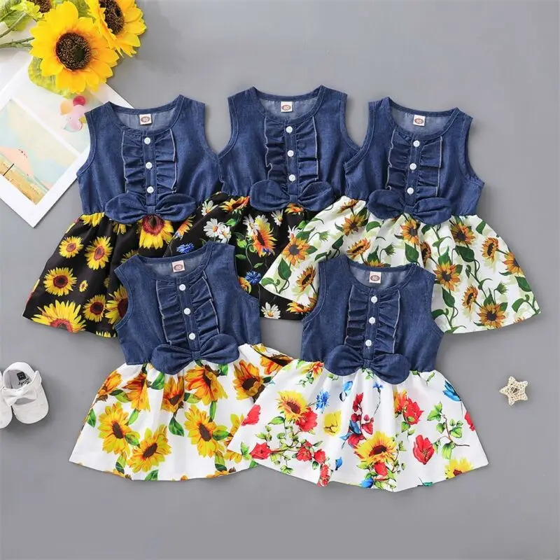 

1-4Y Kids Baby Girl Dress Floral Denim Bow Sleeveless Summer Casual Party Dress Sundress Clothes