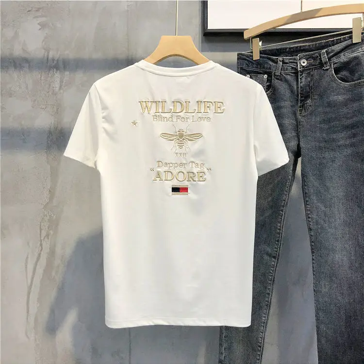 

Japanese T-shirt Men's Short-sleeved Korean Fashion Embroidered Round Neck Half-sleeved Hong Kong Style Slim Fit