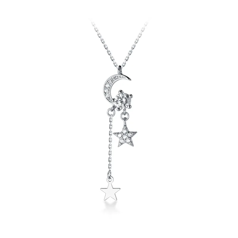 

XMD 925 Sterling Silver Dazzling Moon Star CZ Chain Pendant Short Clavicle Necklace for Women Silver 925 Jewelry
