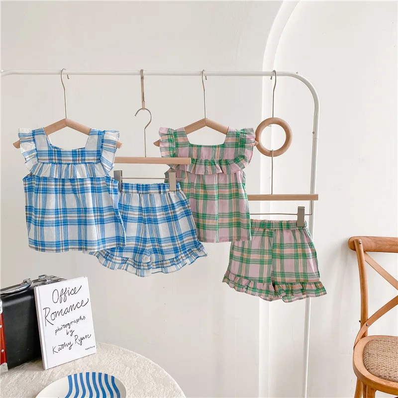 

Clothing Sets Children Girls Fashion Clothes Kids Toddler Plaid Ruffles Blouse+Shorts Suit Summer Baby Princess Girls Outfits