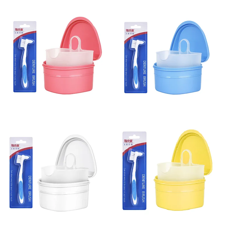

Dental False Teeth Storage Box And Brush Set 4 Color High Quality Denture Bath Case Organizer Soft Fur Brush Tooth Care Tools