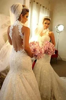 2014 amazing halter appliqued beaded sheer back mermaid vestido wedding dresses