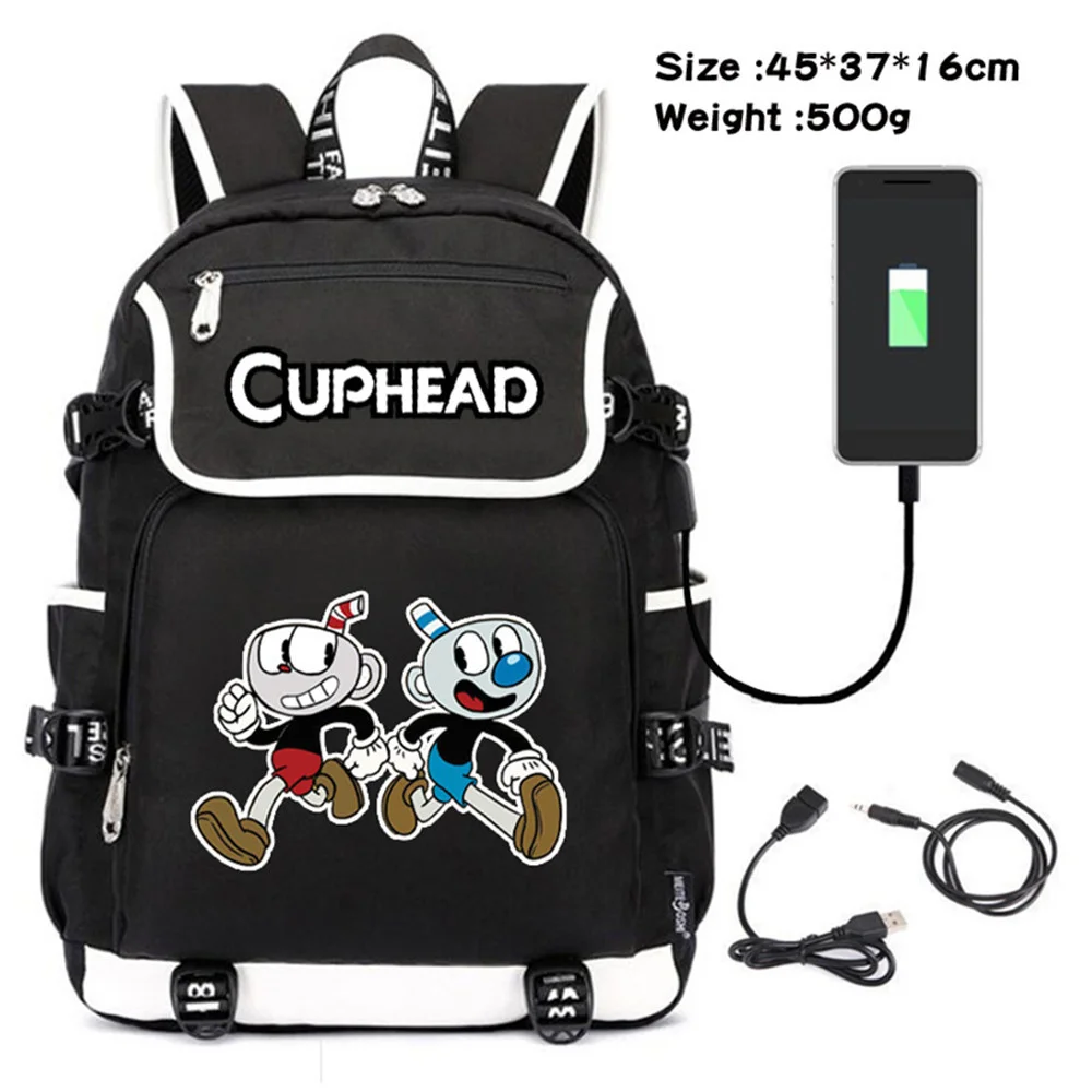 

Game Cuphead Mugman Canvas USB Charging Teenagers Unisex Zipper Schoolbag Packsack Shoulders Travel Laptop Bag Cartoon Backpack