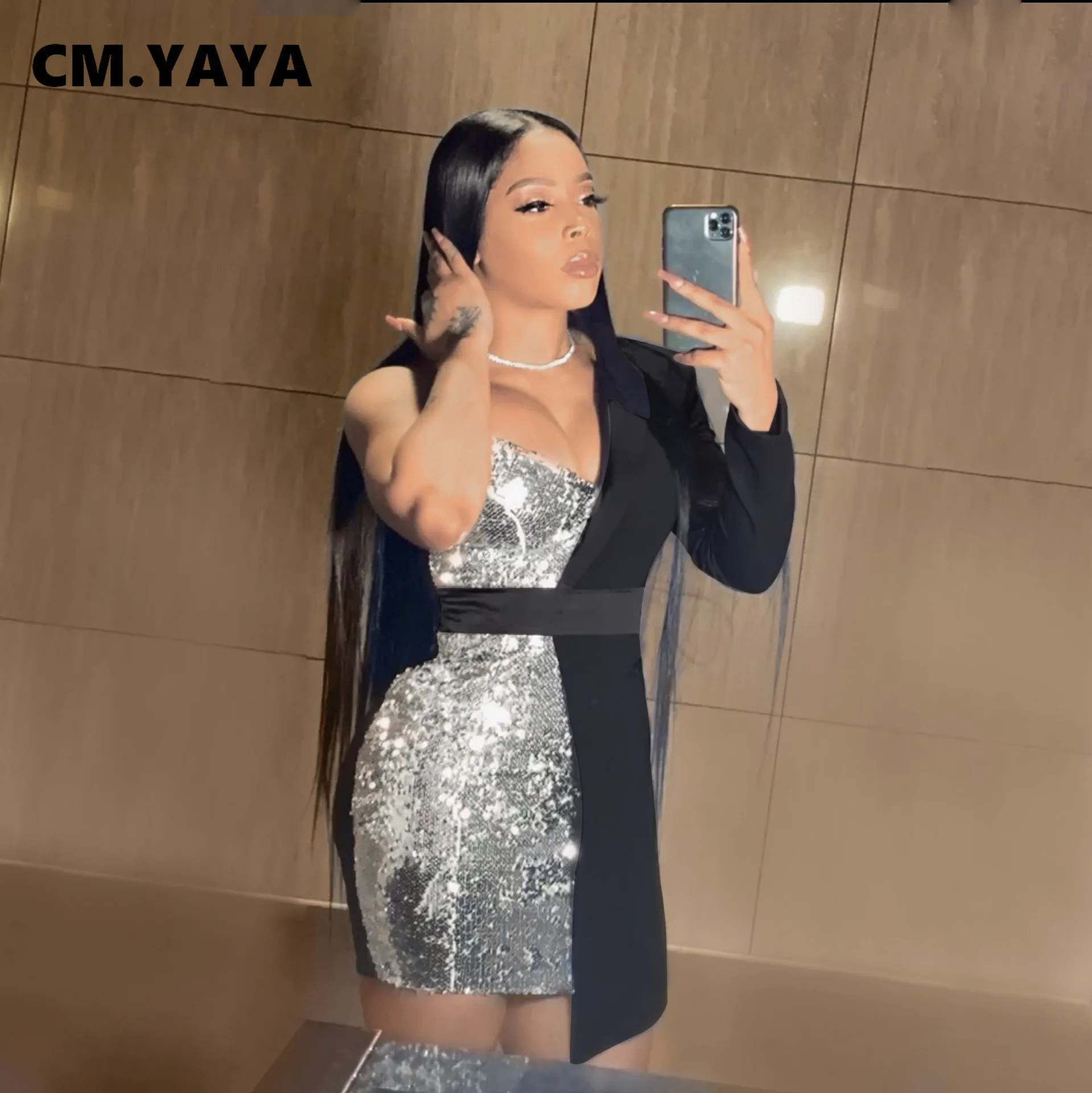 Женское платье-блейзер средней длины CM.YAYA черное облегающее платье с одним