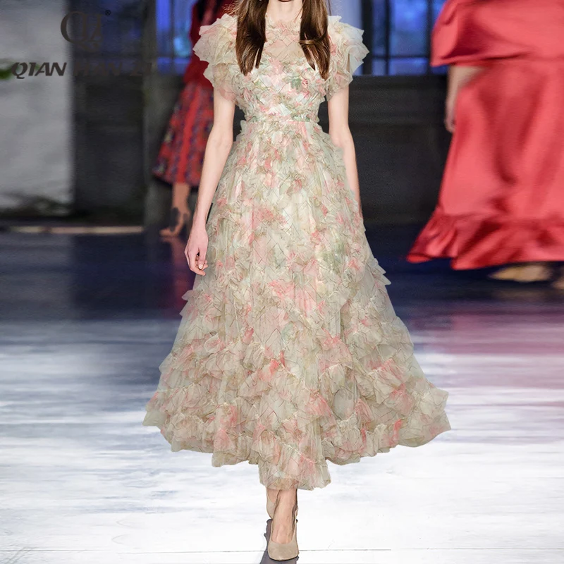 Qian Han Zi designer fashion runway maxi dress Elegant mesh flower print Ruffled Slim Long Dress Women Party New