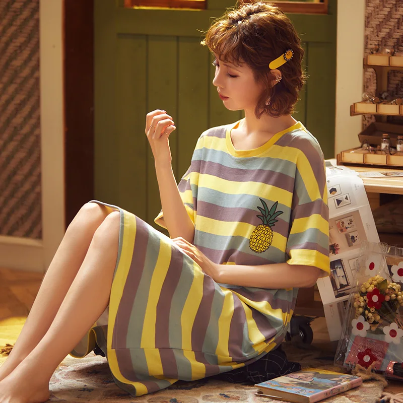 

Fashion Striped Women Nightgowns Sleepshirts Big Size Lounge Women's Sleepwear Summer Cool Short Sleeve Dress Loose Sleepshirt