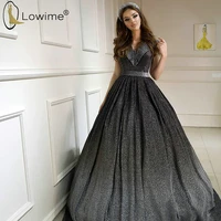 grey dubai sequined sparkly evening dresses 2020 a line v neck vestiti da sera formal prom party dress