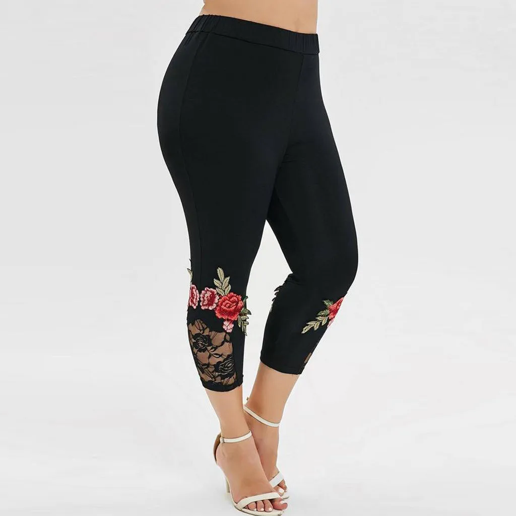 JAYCOSIN Fashion Women Plus Size L-4XL Applique Lace Splice Solid Elastic Casual Leggings Pants Large Female 7 Points | Женская одежда