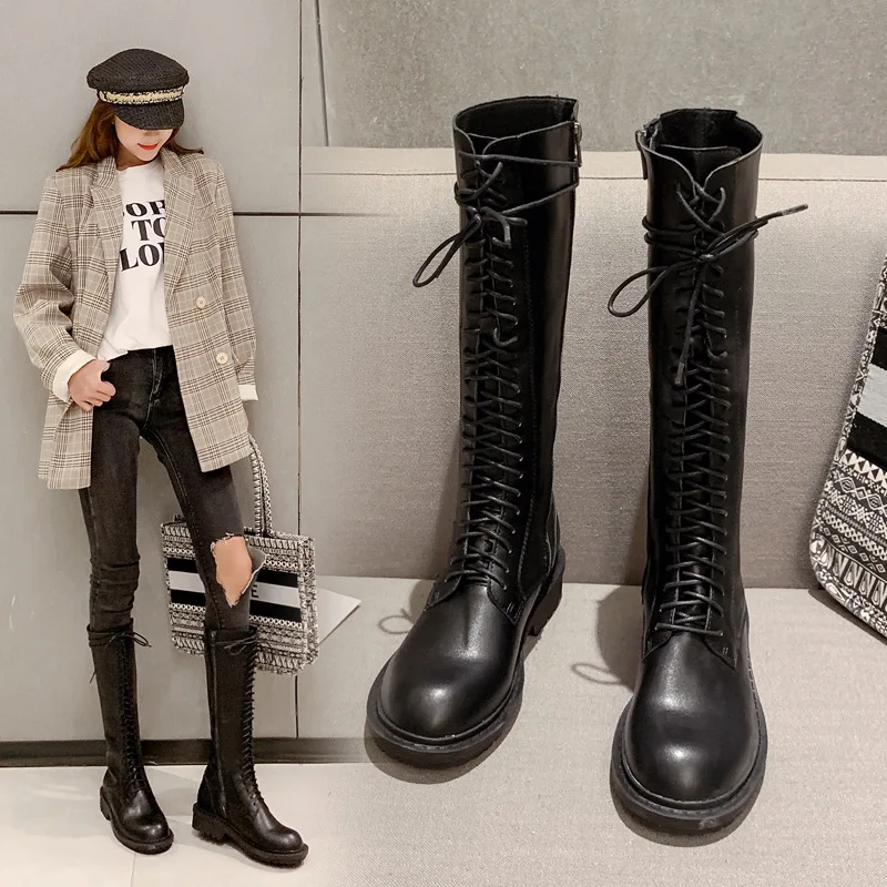 Высокие сапоги трубы на шнуровке Женские толстой подошве Зимние до колена с