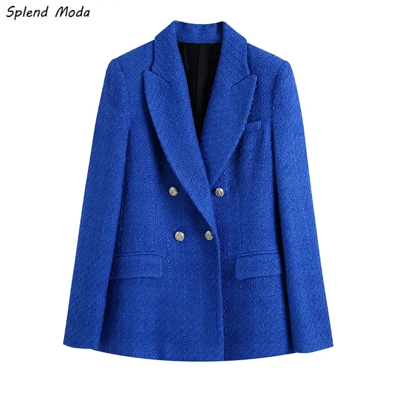 

Splend Moda Autumn Fashion Vintage Casual Office Lady Double-Breasted Notched Collar Solid Color Woolen Texture Blazer Women