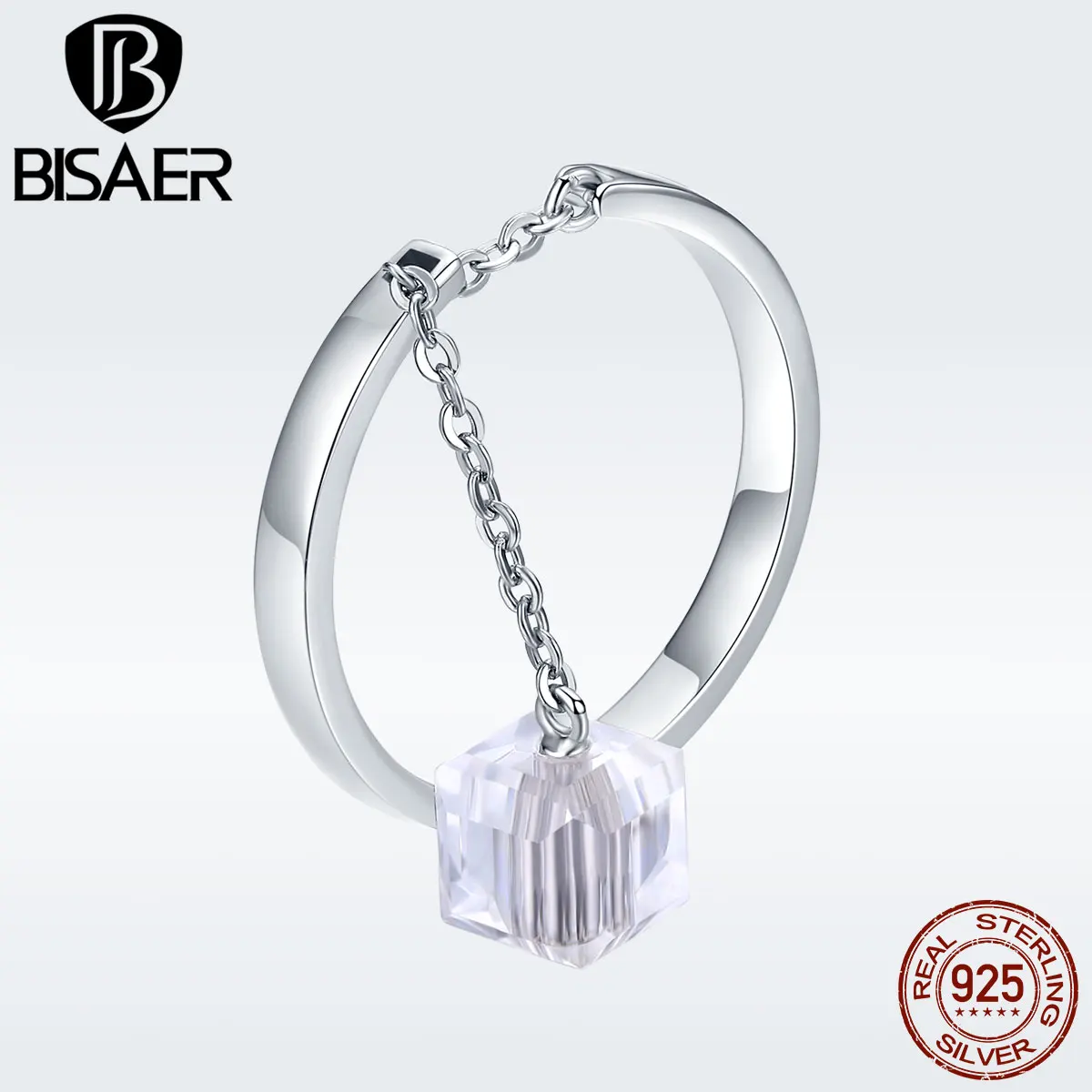 BISAER, 925 пробы, серебряная цепочка с кристаллами, регулируемые кольца для женщин, модное ювелирное изделие, Кольцо большого размера GXR488