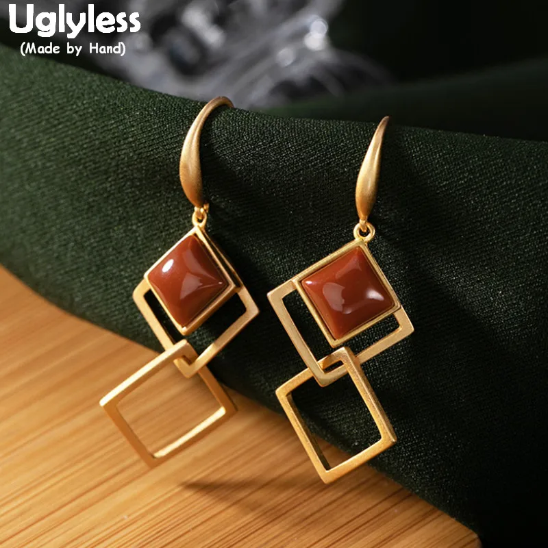 

Uglyless Geometric Simple Square 925 Silver Earrings for Women Hollow Squares Agate Earrings Gold Brincos Gemstone Dress Jewelry