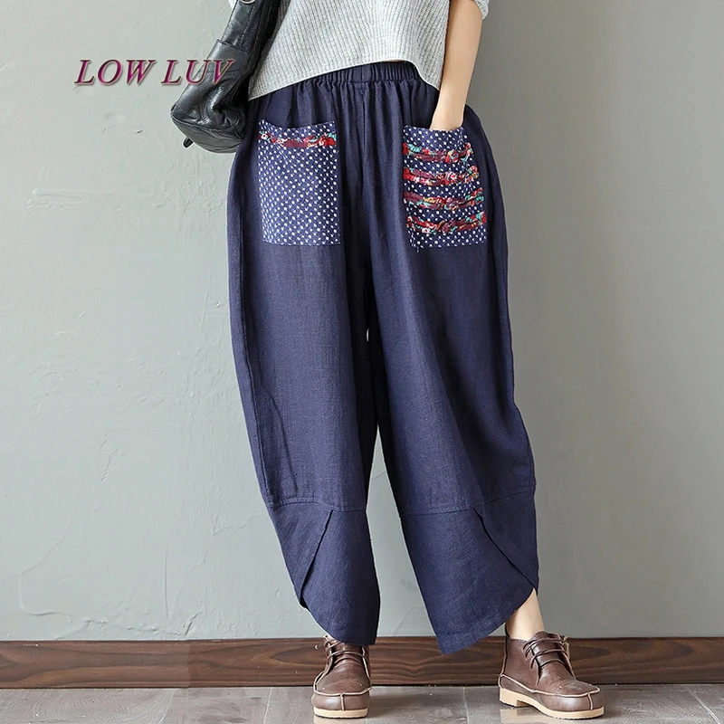 Large size cotton national wind flower pants loose straight mother dress bloomers female thin section womens woman | Женская одежда