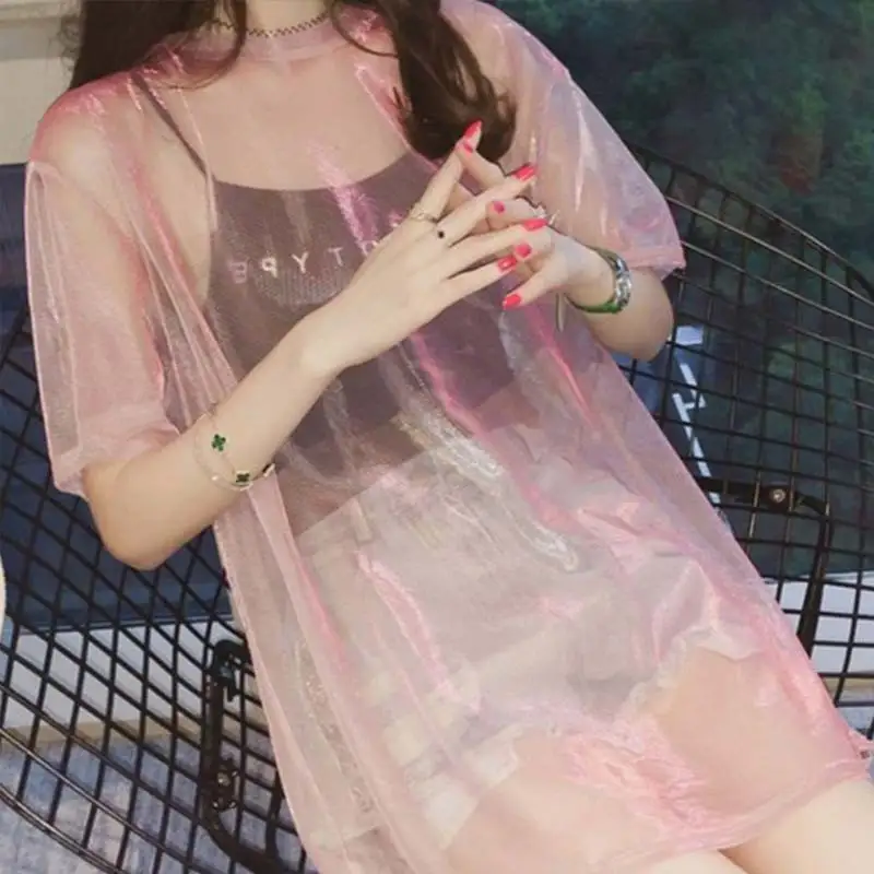 

Short 1Set Tee Shirt T Shirt Sexy Fashion Hollow Out Sleeve Tops Two set Loose T-Shirts Transparent Ladies Women Women