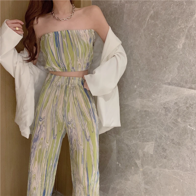 

JMPRS Summer Tie Dye Women 2 Piece Sets Sexy Crop Tops Slim Tanks High Waist Loose Wide Leg Pants Korean Streetwear Ladies Suits