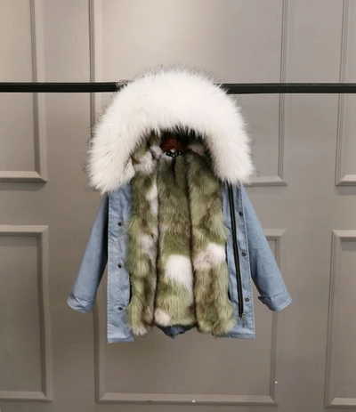 Blue Green White Детское зимнее пальто куртка из искусственного меха лисы для мальчиков и девочек Толстая теплая парка большое меховое пальто с капюшоном Детская верхняя одежда - Цвет: Blue Green White