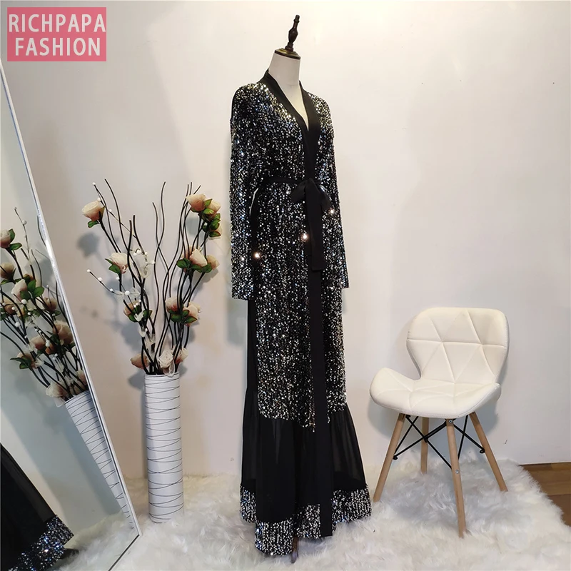 Черный ИД абайя Дубай кафтан кимоно кардиган мусульманский хиджаб платье