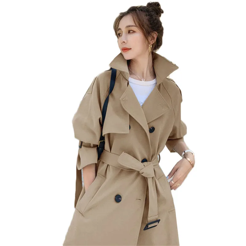 

Women's Trench Coat New Spring Autumn New Style Korean Loose Fashion Mid-length Windbreaker With Belt Elegant khaki Overcoat 630