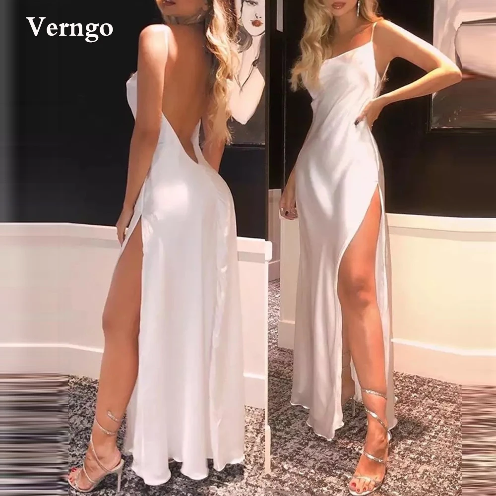 

Verngo Simple White Silk Beach Formal Party Dress Spaghetti Straps Sexy Open Back Evening Gown Slit Women Night Outfit