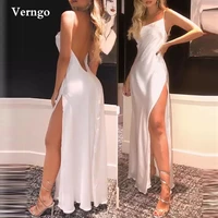 verngo simple white silk beach formal party dress spaghetti straps sexy open back evening gown slit women night outfit