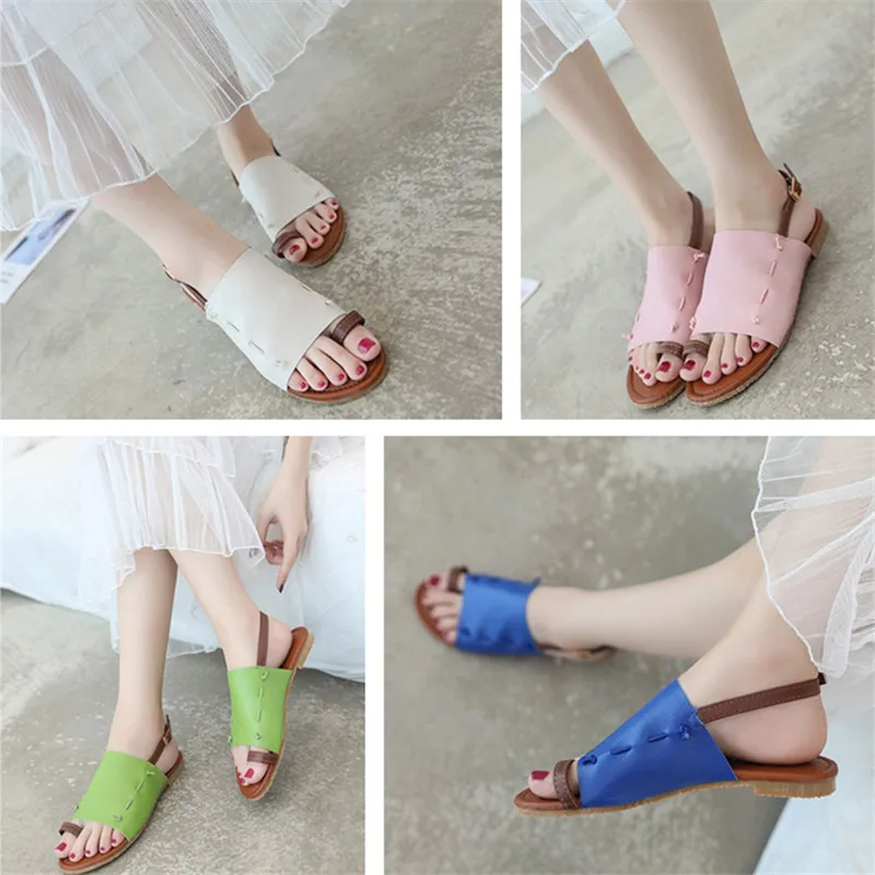 

Simple Casual Women's Solid Color Flat Sandals PU Upper Fish Mouth Open Toe Large Size Roman Beach Sandals with Buckle Design