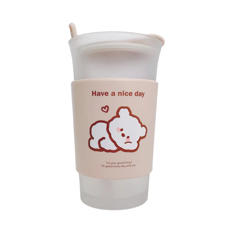 

New Kawaii Glass Mug With Spoon And Lid Creative Cartoon Bear Office Home Coffee Milk Double Frosted Glass Water Cup With Cover
