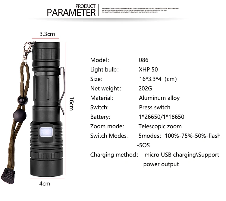 LED Flashlight XHP50.2 Powerful Flashlight USB Rechargeable Torch Zoom LED Torch Waterproof Flashlight by 18650 Battery