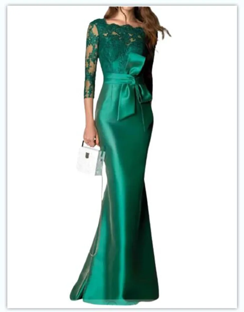 

Green Half Sleeve Mother's Dresses Jewel Satin Beads Long Applique Lace Mother Of The Groom Dresses