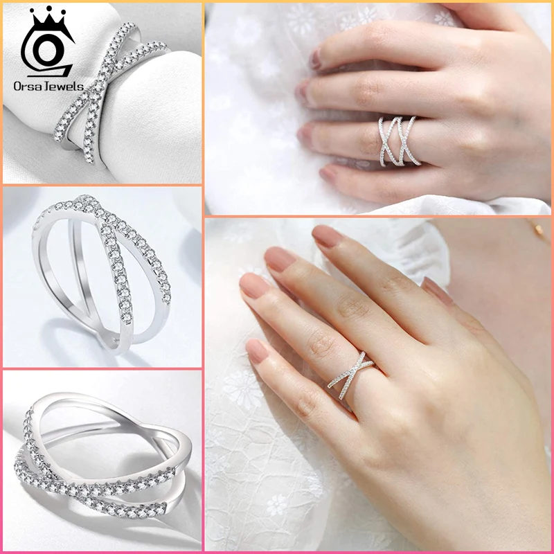 ORSA JEWELS 925 пробы серебро X-образное кольцо с фианитами женское классическое на