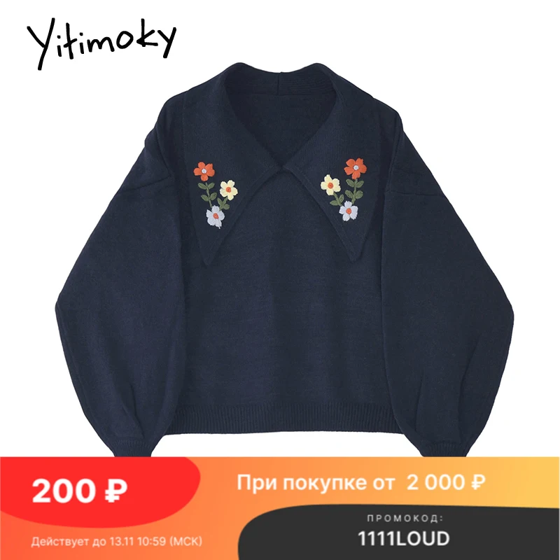 

Женский зимний свитер Yitimoky, винтажный пуловер с цветочной вышивкой и отложным воротником, джемпер, осень 2021