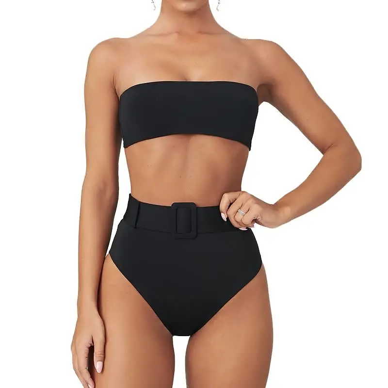 Бикини с высокой талией 2020 сексуальный черный комплект бандо высокими штанинами
