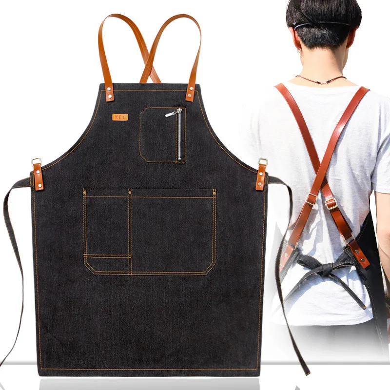 

Denim Fabric Apron with Pockets Man Outdoor Working Clothes Antifouling Cooking Cleaning Handwork Aprons for Market Cafe Barber