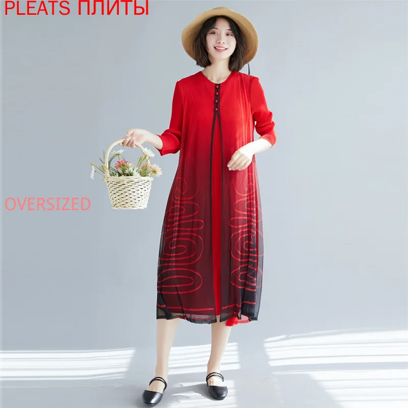 

Miyake Folds 2022 New Spring Three-quarter Sleeve Dress Printed Niche Fashion Dress PLEATS Ropa Mujer Korean Dress Vestidos Robe