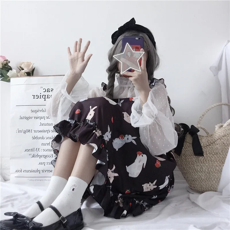 

Women's Dresses Chic Lady Kawaii Ulzzang Strawberry Rabbit Cute Strap Dress Female Ins Vintage Harajuku Dress For Women Casual