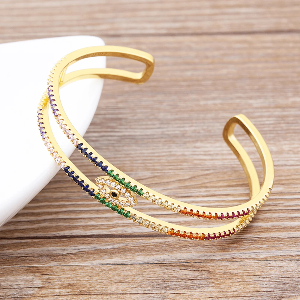 

AIBEF New Trend Hollow Open Cuff Bangles Copper Rainbow Zircon Gold Luxury Evil Eye Bracelets & Bangles Adjustable Jewelry