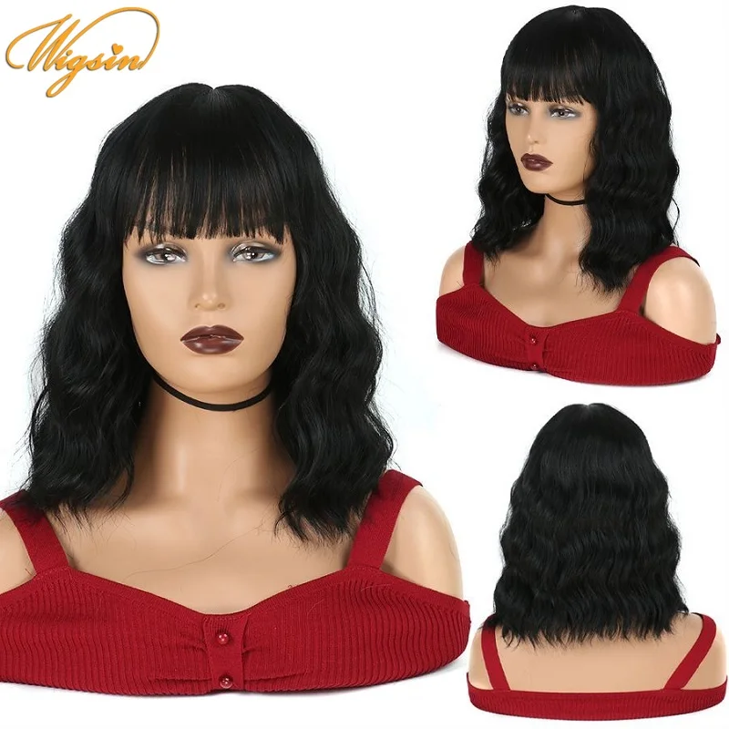 

WIGSIN 14Inch Synthetic Short Wig Water Ripple Curly With Neat Bangs Natural Black Brown Pink Wigs for Fashion Women