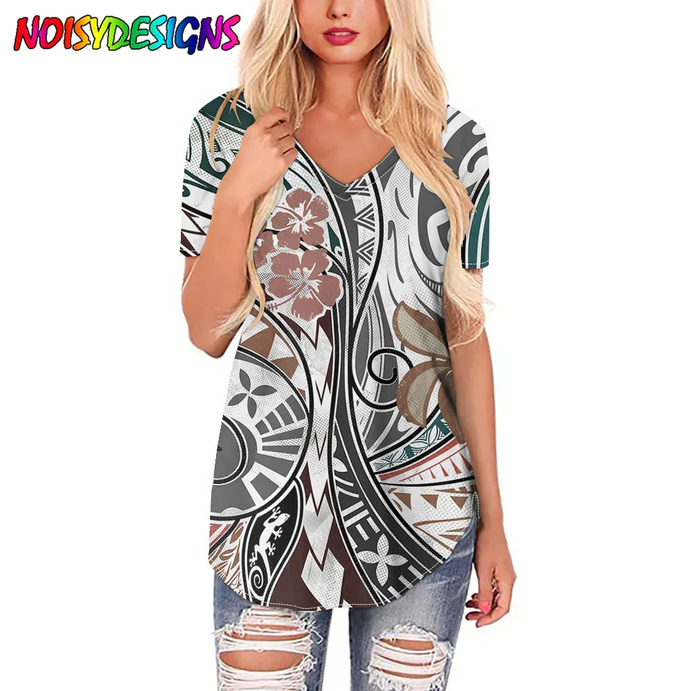 

NOISYDESIGNS Fashion T Shirt Women Hawaiian Samoan Polynesian Tribal Print V-neck Short Sleeve Female T-Shirt New Women's Tshirt