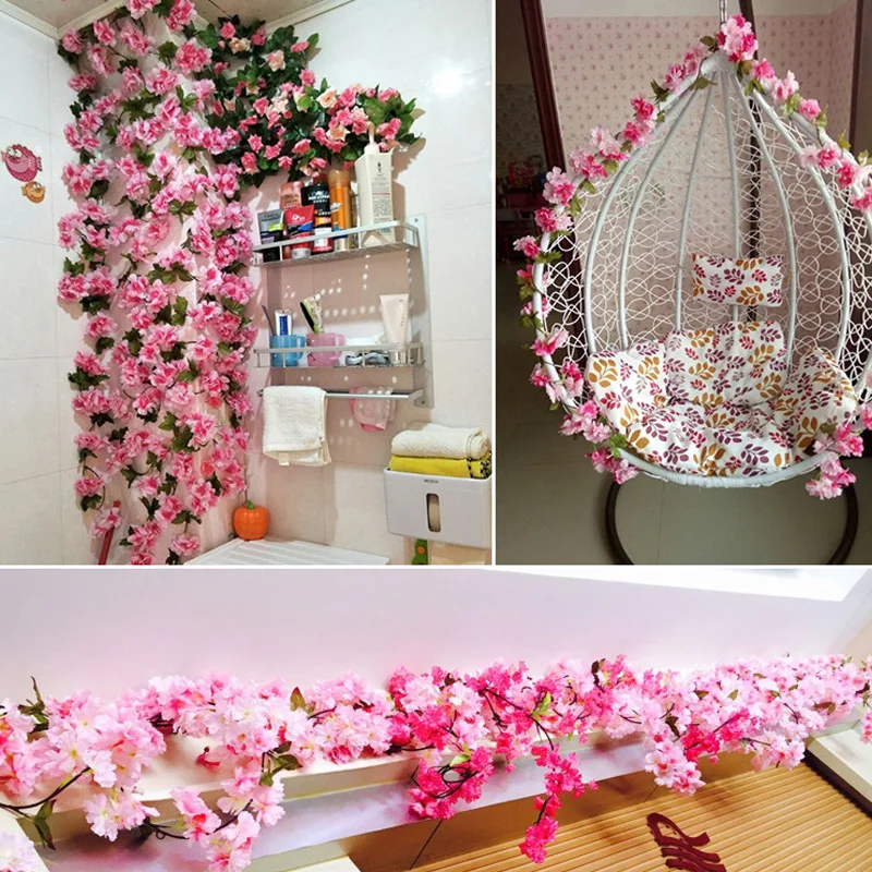 

230cm Silk Sakura Cherry Blossom Vine Wedding Arch Decoration Layout Home Party Rattan Wall Hanging Garland Wreath Slingers